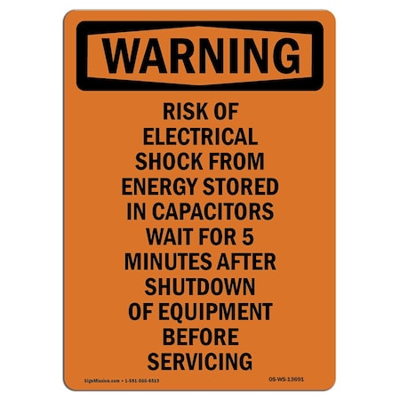 Signmission OSHA Warning Sign, 24" Height, Aluminum, Risk Of Electrical Shock Wait 5 Minutes, Portrait OS-WS-A-1824-V-13691